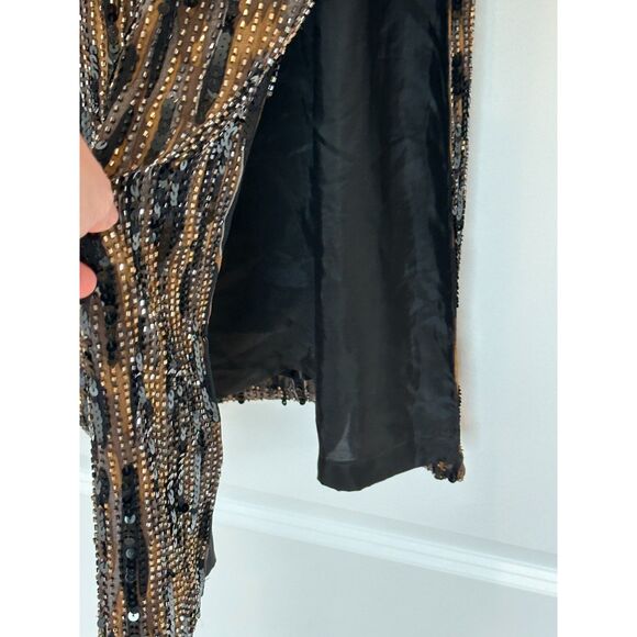 Oleg Cassini Black Tie Black and Tan 100% Silk Beaded Maxi Dress Gown Size 2 - Picture 3 of 8